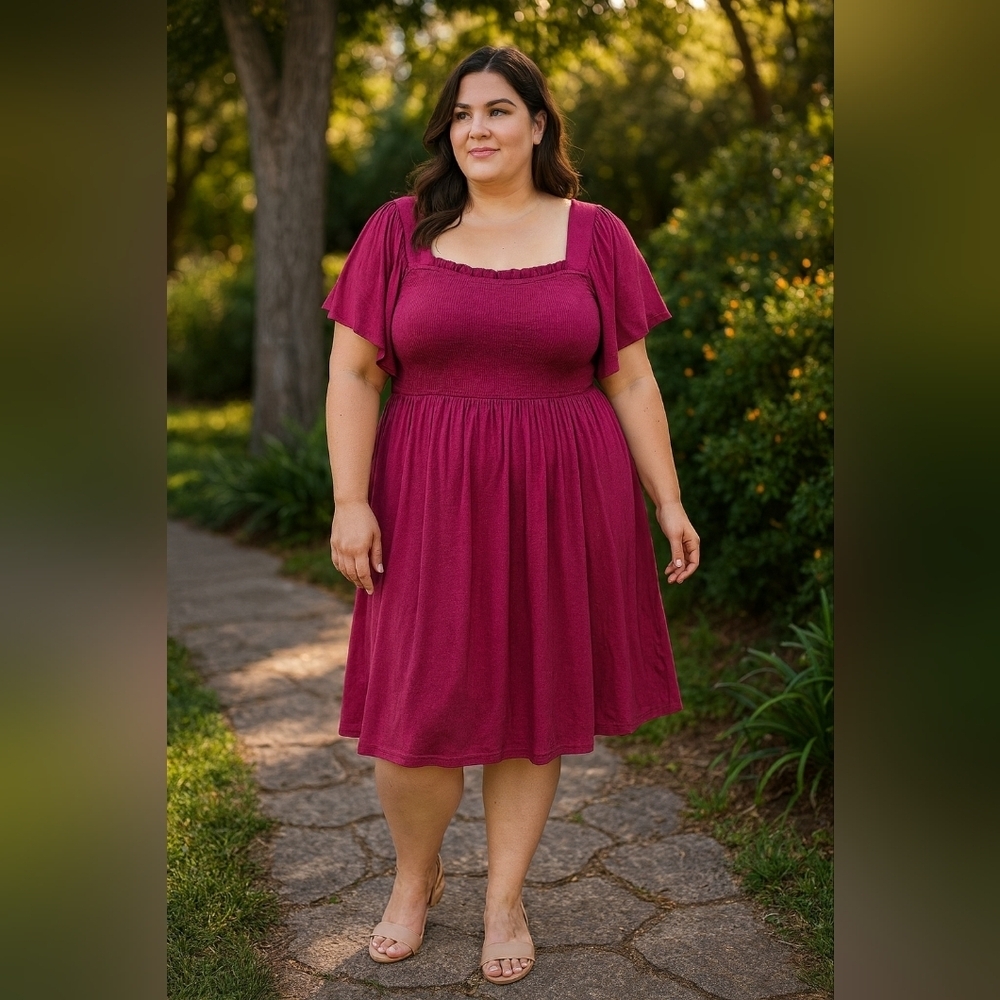 XL ZESICA Chic Berry Midi Smocked Flowy Tunic Dress Short Flutter Sleeved